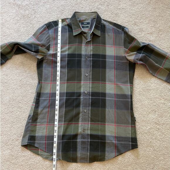 Boss Hugo Boss Mens Slim Fit Plaid Button Up Top Size Medium Gray Red Career - Picture 8 of 8